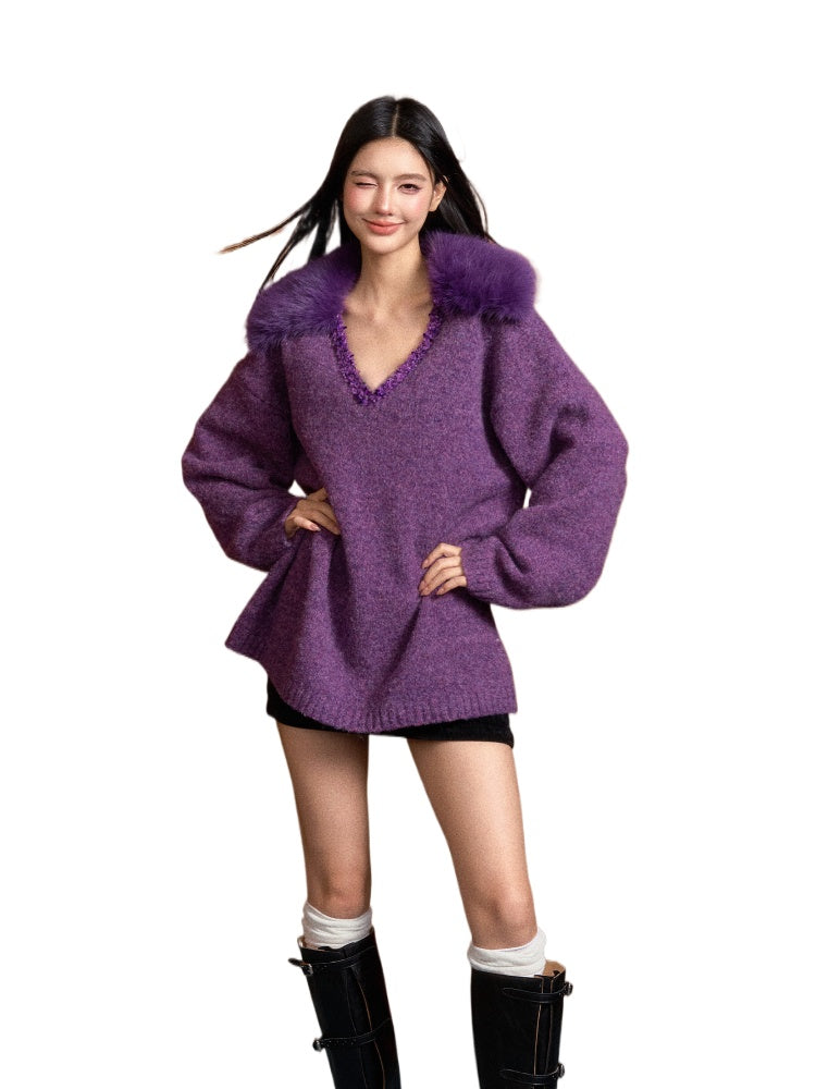 Removable Fur Collar Tweed V-neck Blouse - CHINASQUAD