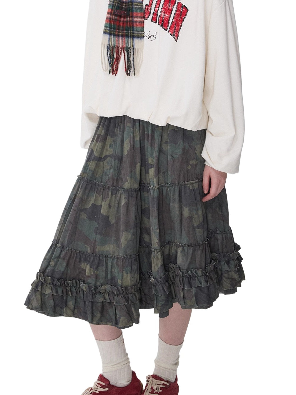 Camouflage Raw-Edge Ruched Layered Skirt - CHINASQUAD