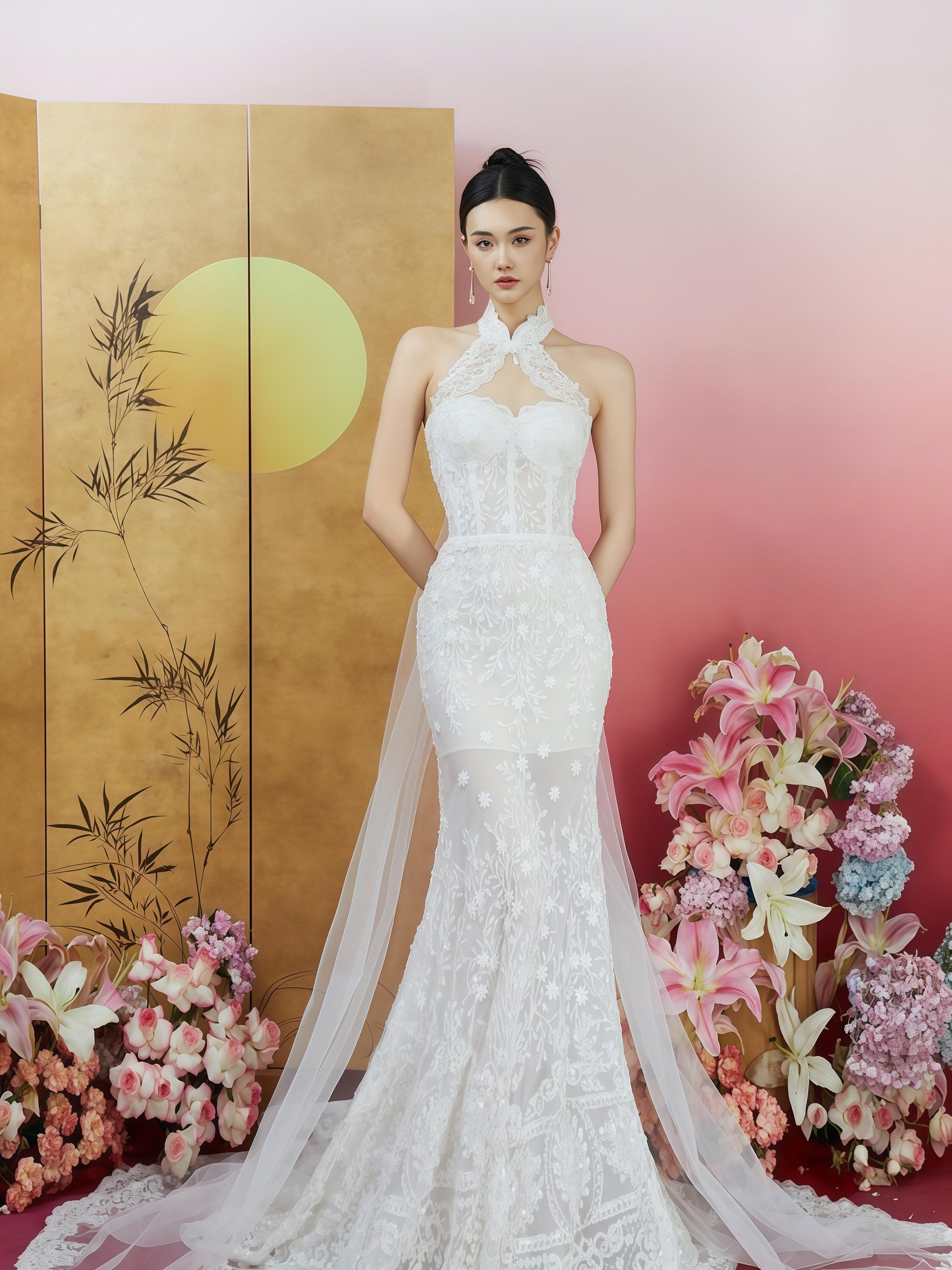 象牙色高级定制刺绣露背鱼尾婚纱(带超长拖尾)