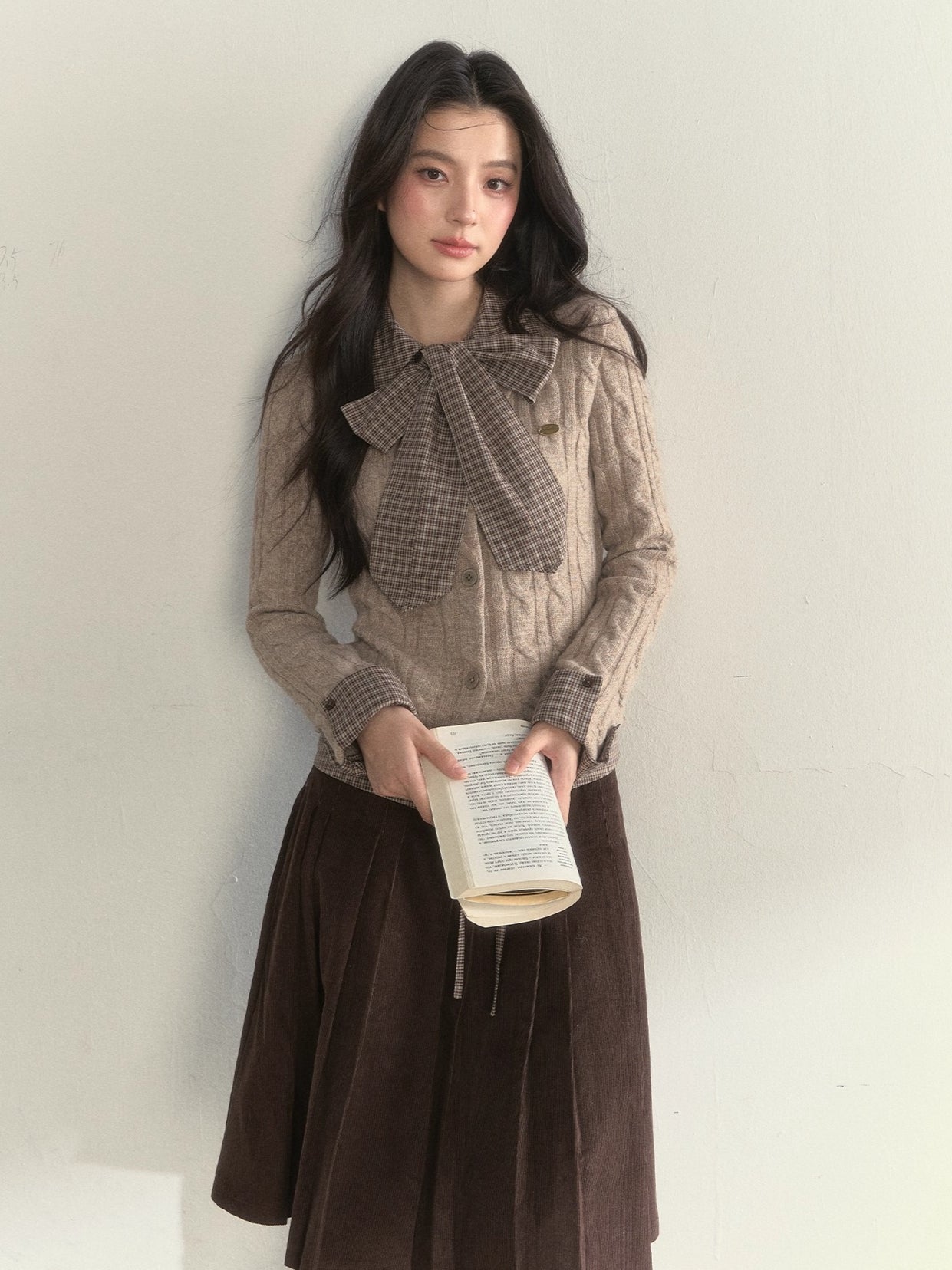 Retro Bow-Tie Preppy Layered Cable Knit Cardigan