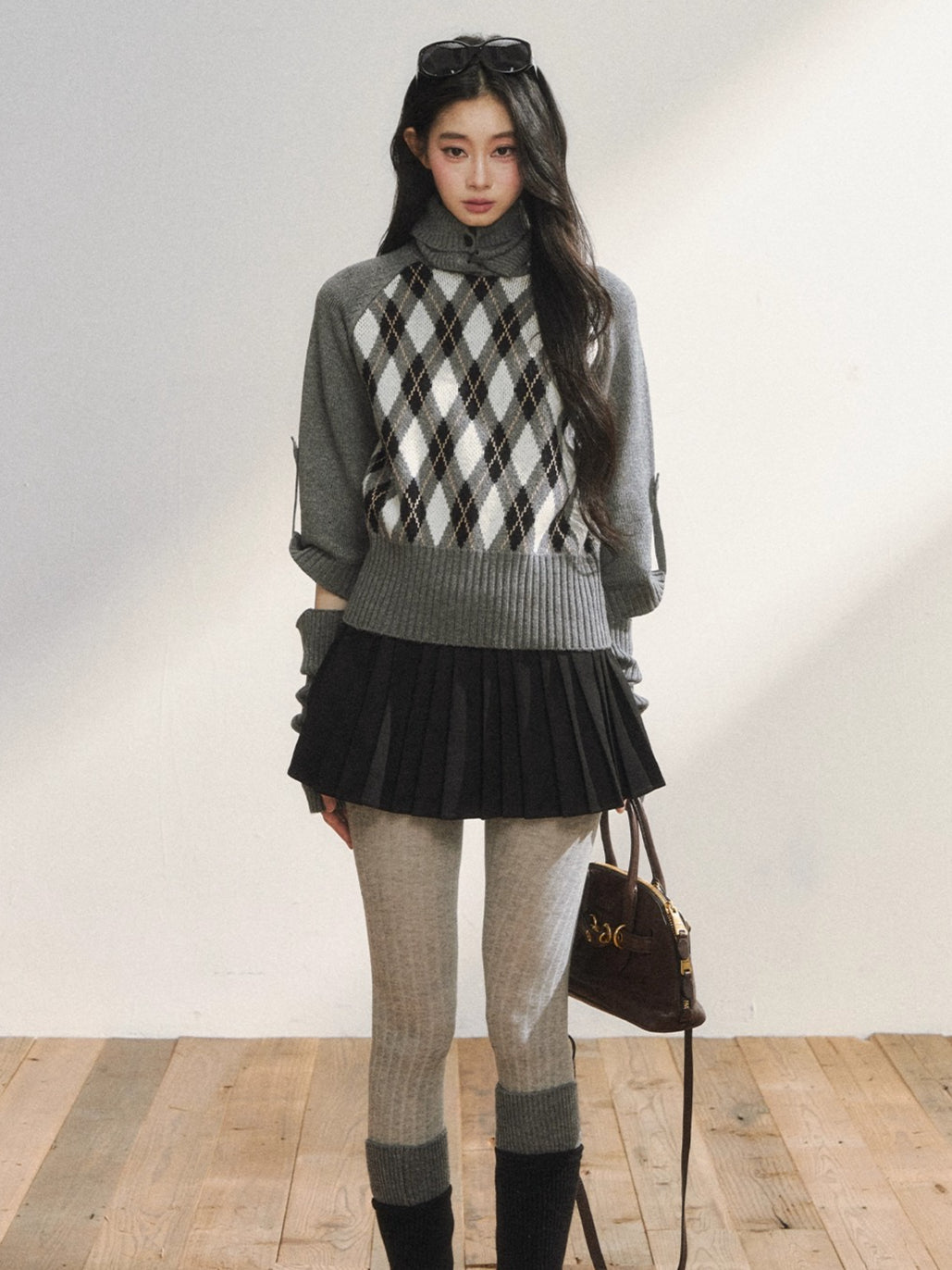Vintage Argyle Knit Turtleneck Sweater & Skirt Set