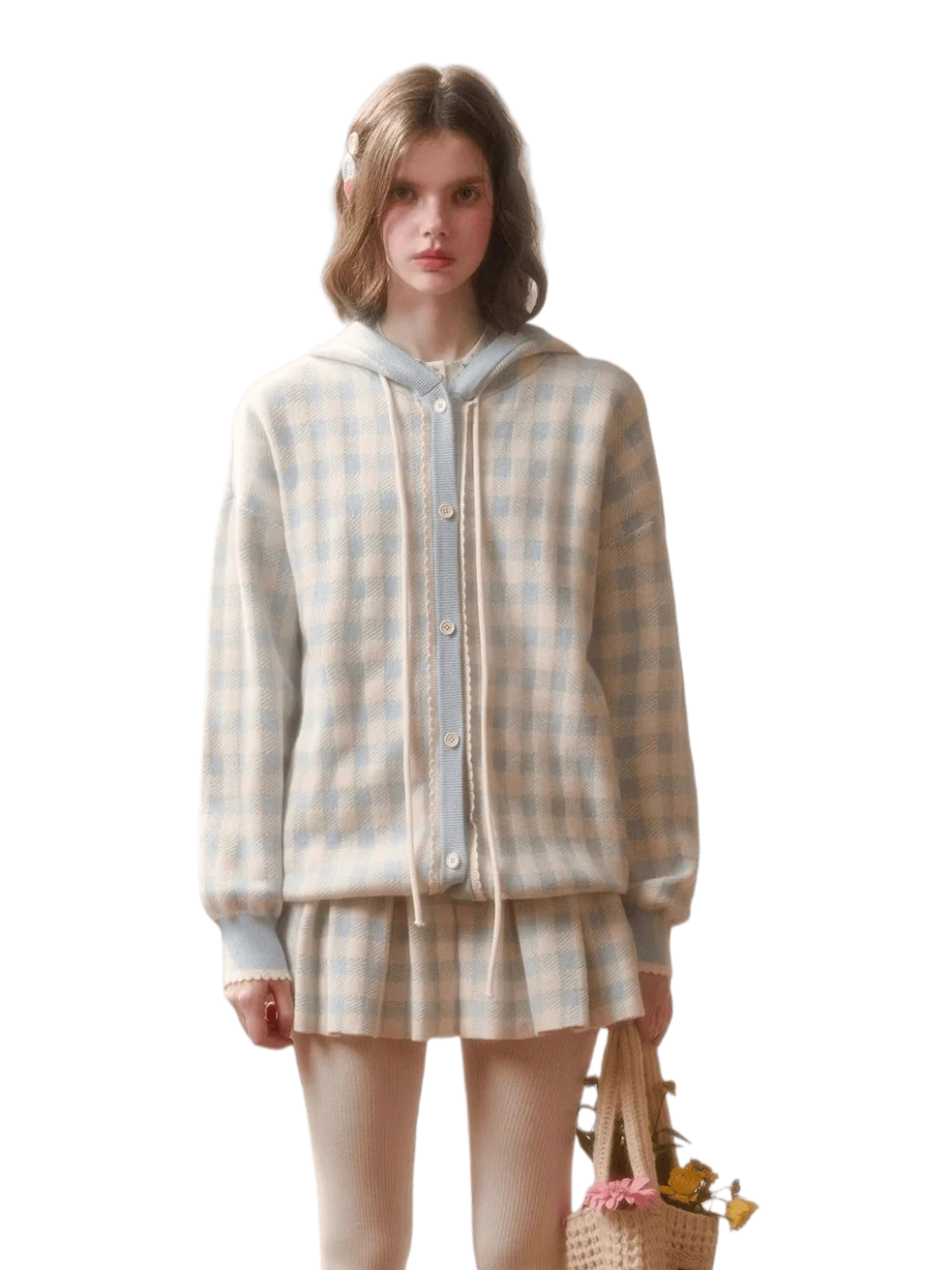 Plaid Contrast Jacket & Pleated Skirt Set