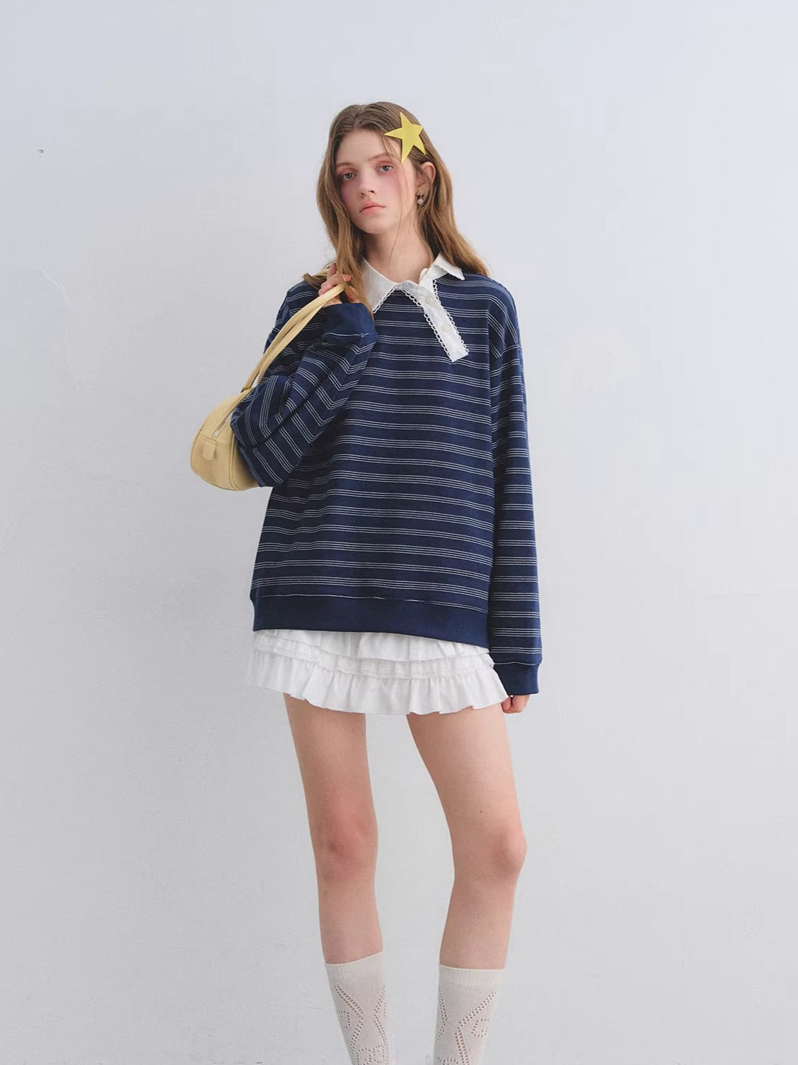 Placket Ruffle Collar Striped Sweatshirt