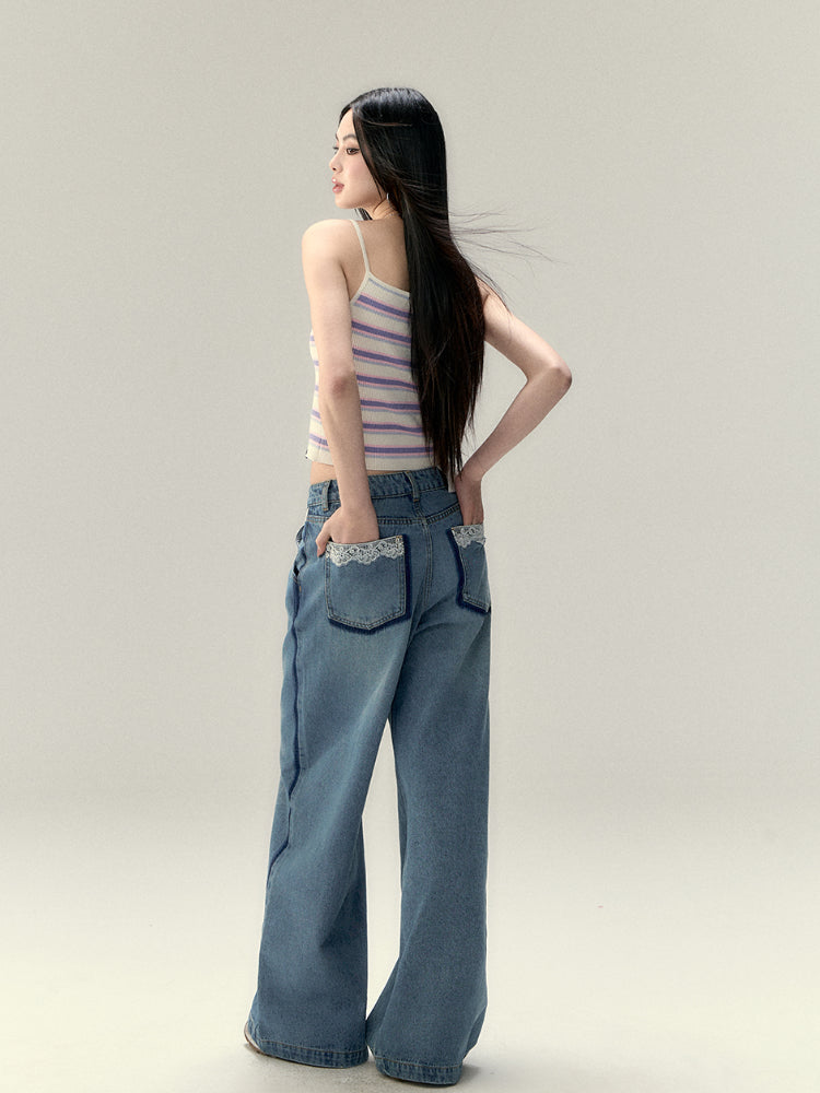 Lace-Panel Loose Straight Denim Jeans - CHINASQUAD