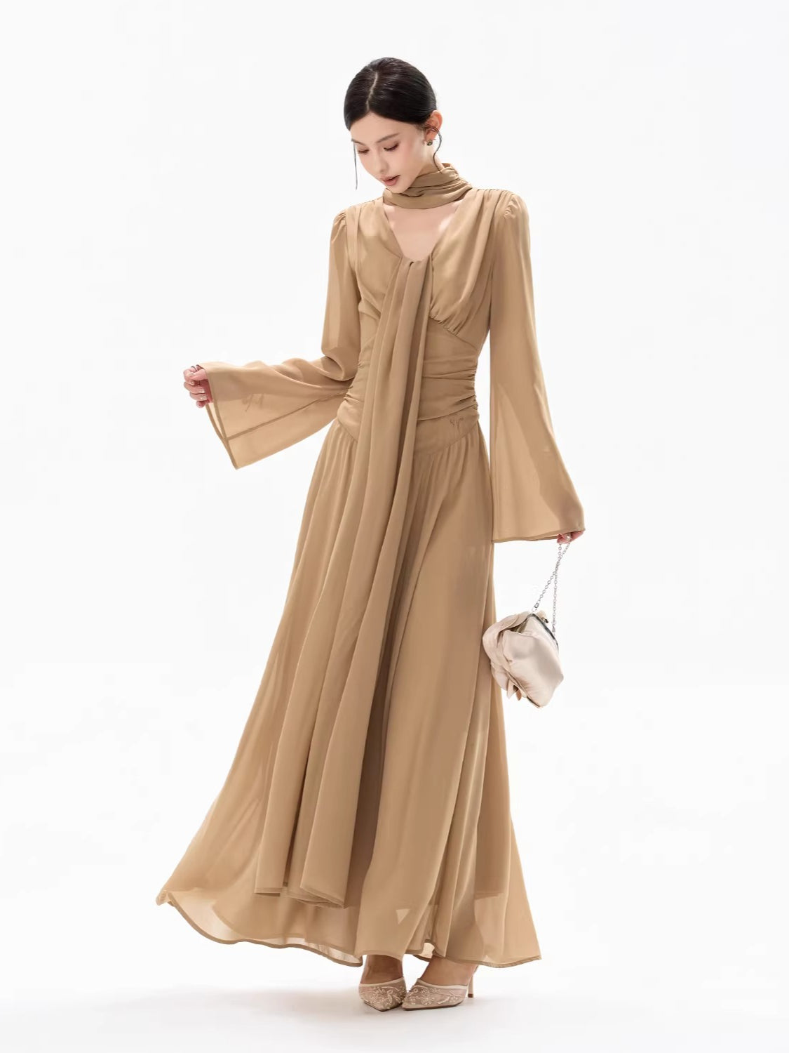 French Ribbon-Tie V-Neck Chiffon Maxi Dress
