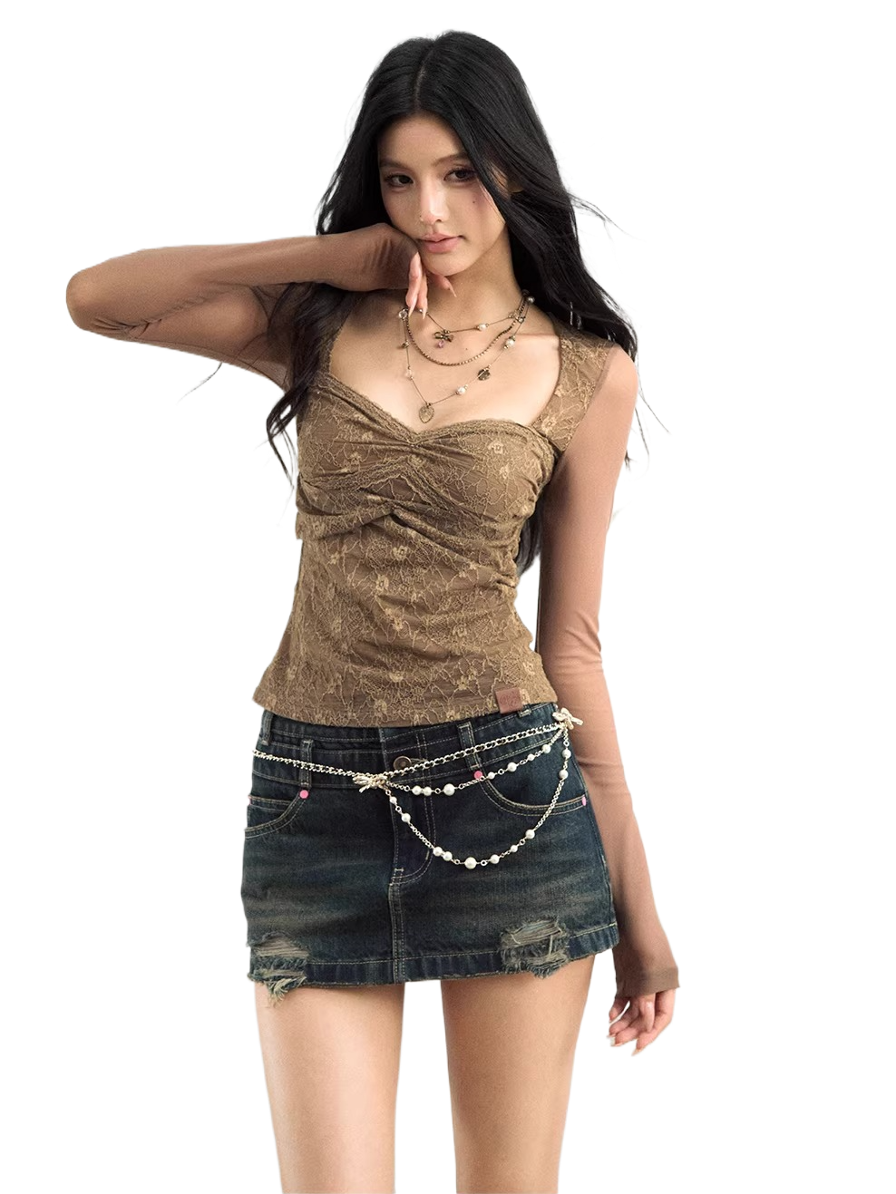 Lace Mesh Ruched Long Sleeve T-Shirts