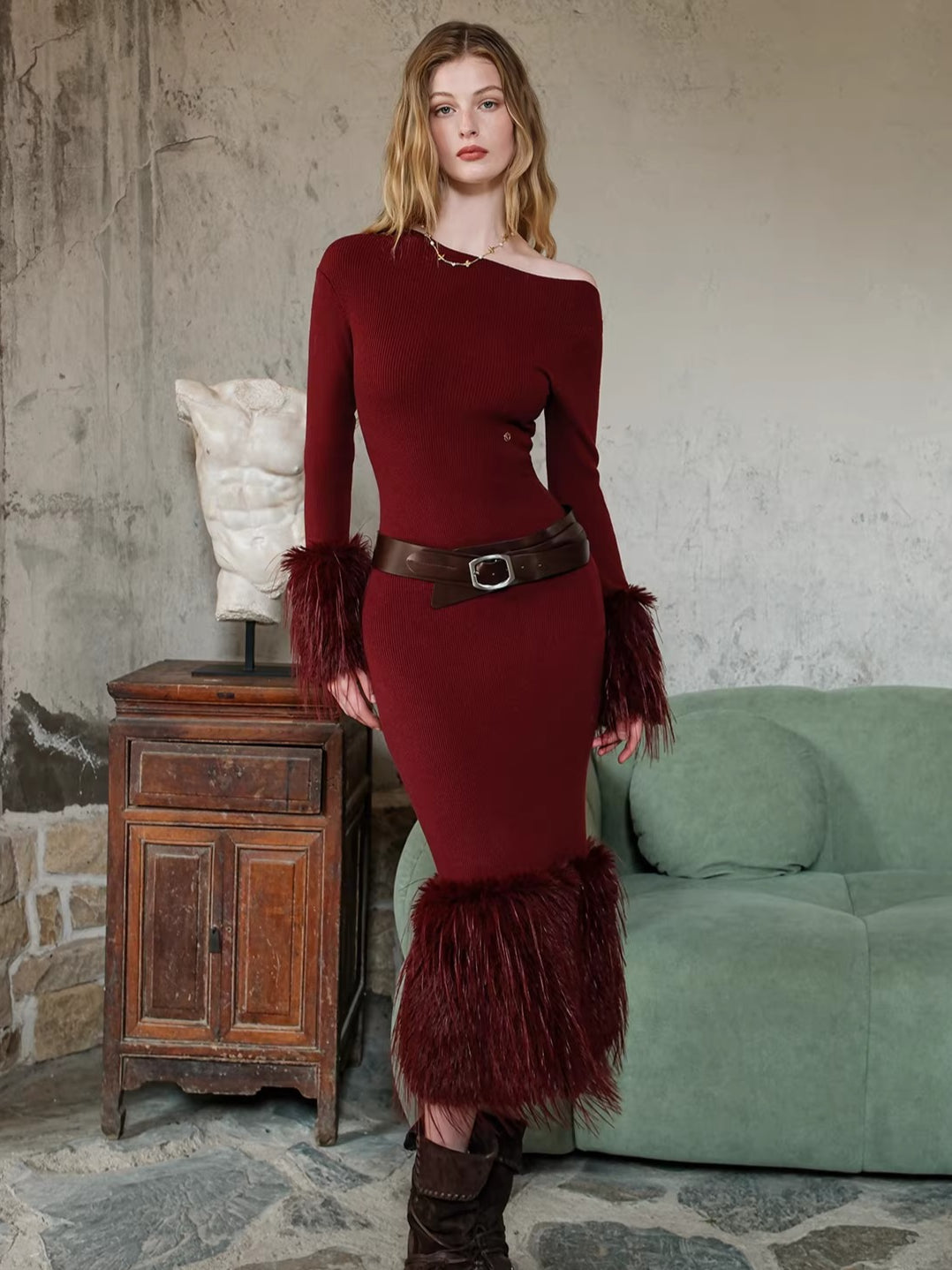 Vintage Off-Shoulder Knit Maxi Dress