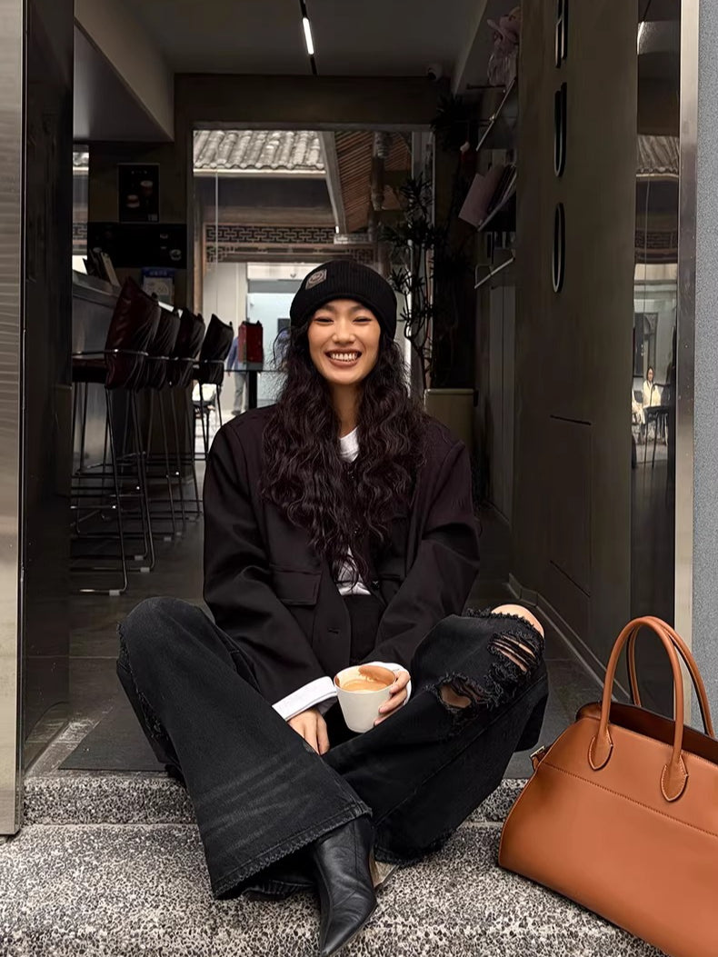 Washed Fringe-Edge Collarless Cropped Blazer