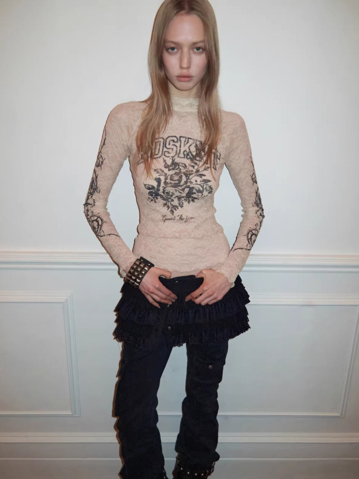 Vintage Rose Lace Print Sheer Base-Layer