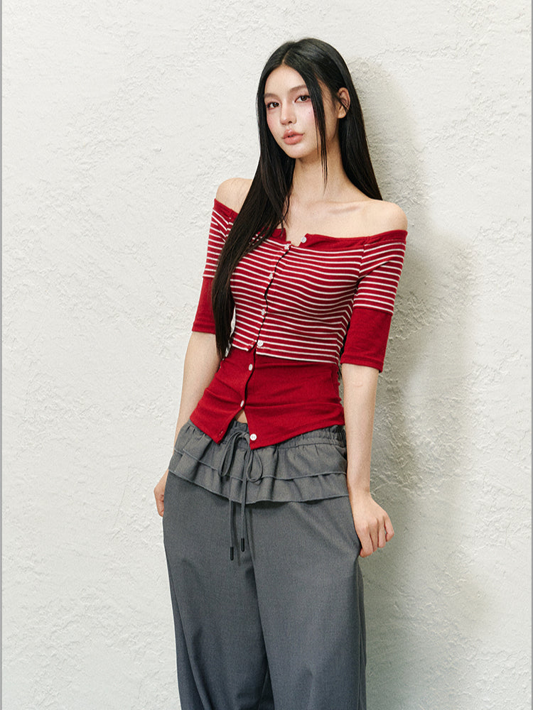 Off-Shoulder Fake Two-piece Color Block T-shirt - CHINASQUAD