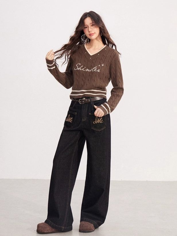 Layered-Effect Embroidered Knit V-Neck Sweater