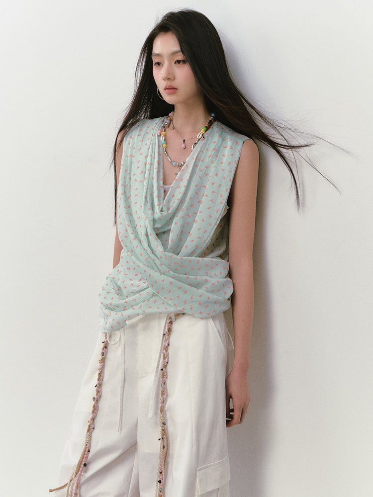 Small Floral Cowl Neck Sleeveless Vest - CHINASQUAD