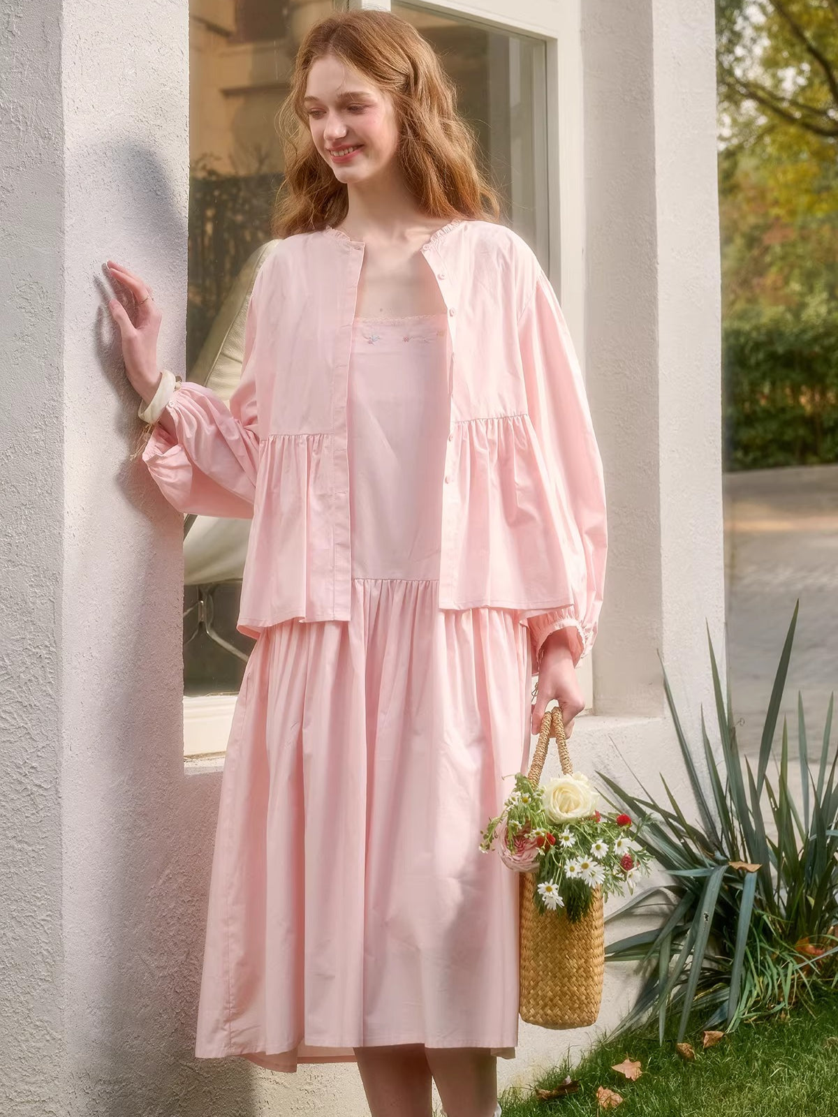 Embroidered Shirt Dress & Slip Dress Set