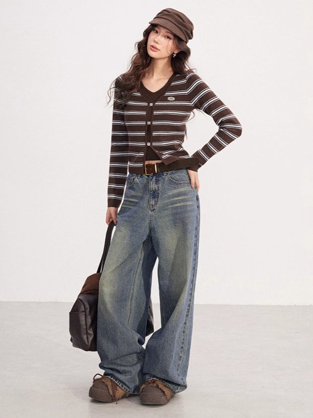 Layered-Effect Striped Knit V-Neck