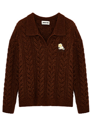 Black & Brown Floral Embellished Collared Knit Sweater - CHINASQUAD