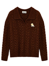 Black & Brown Floral Embellished Collared Knit Sweater - CHINASQUAD