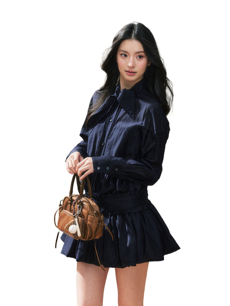 Dark Blue French Shirt Dress - CHINASQUAD