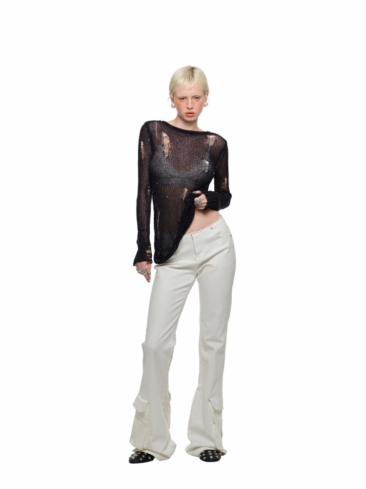 Reversible Hollow Sequin Knit Pullover - CHINASQUAD