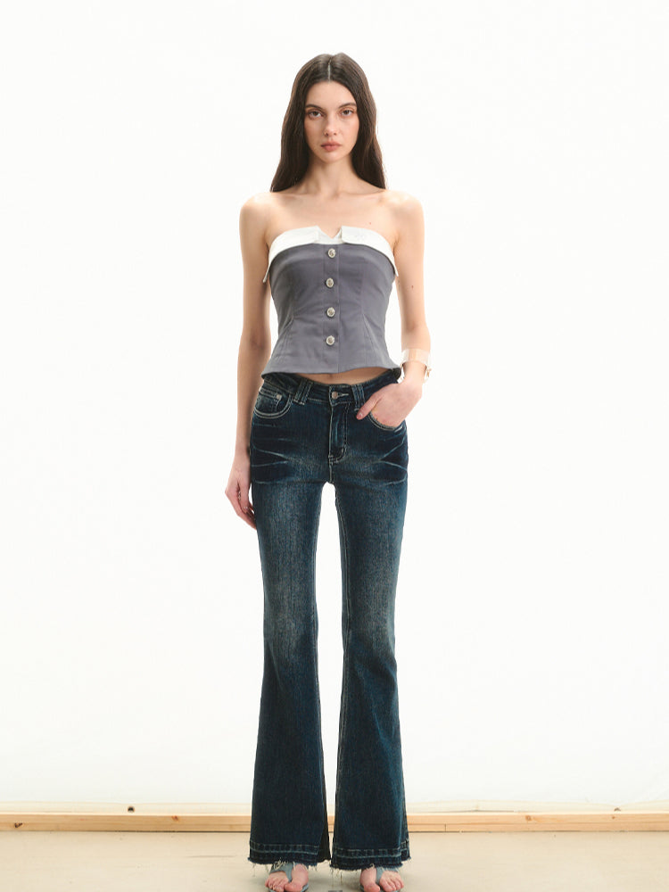 Fake Two-Piece Color Block Mermaid Strapless Top - CHINASQUAD