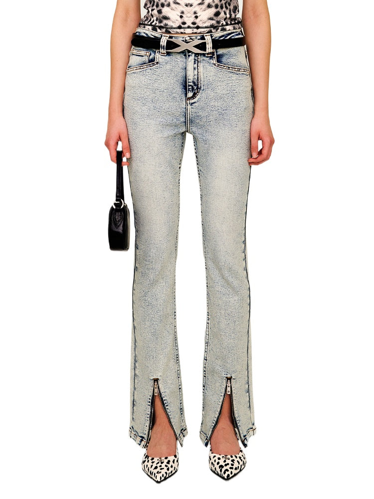 Rivet Biker Zipper Elastic Split Flare Jeans