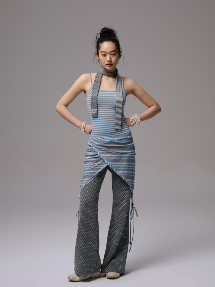Blue-Gray Striped Two-Way Beaded Swing Collar Tank Top - CHINASQUAD