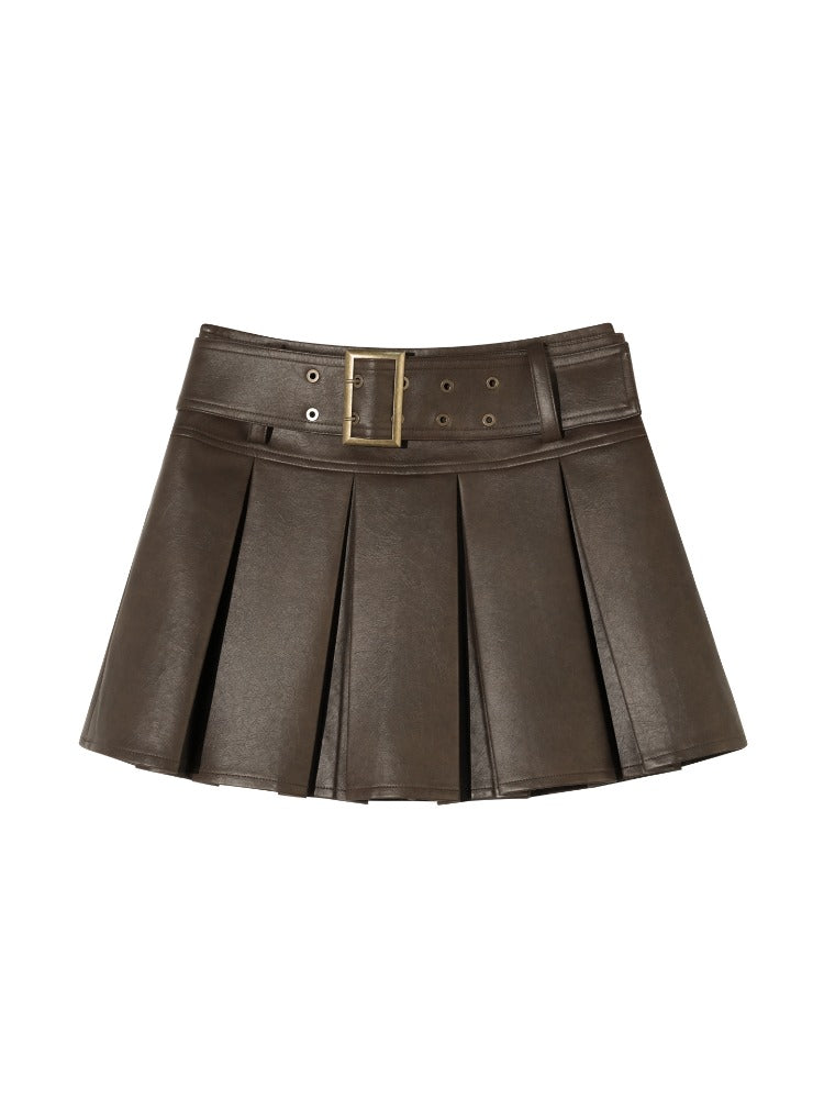 Coffee A-Line Belted Pleated Leather Skirt