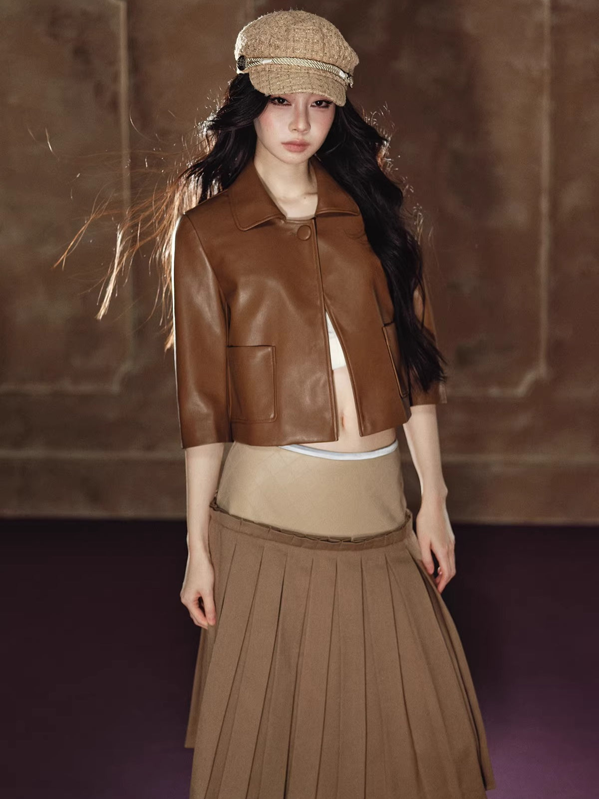 A-Line Skirt & Cropped Sleeve PU Jacket Set