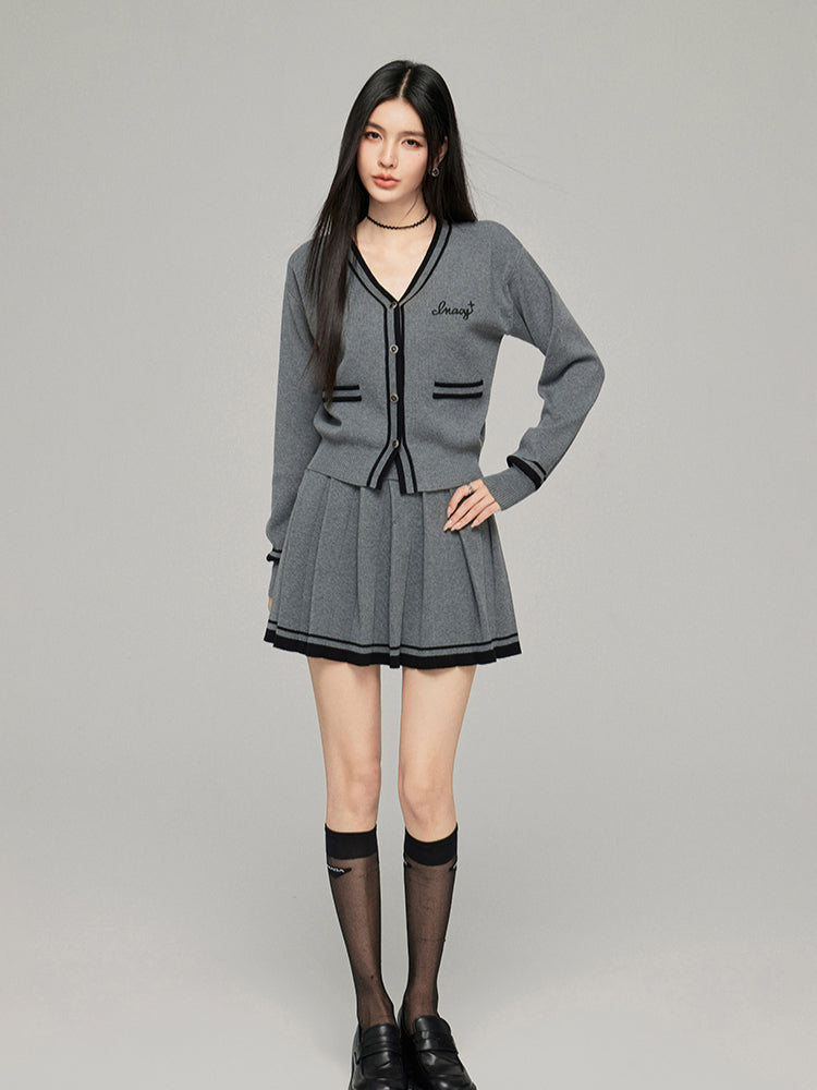 Contrast Color Knit V-neck Cardigan Set - CHINASQUAD