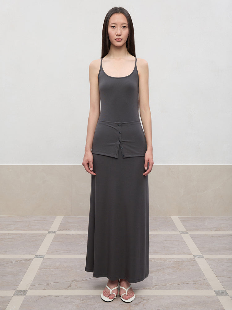 Deep U-Neck Button-Strapped Dress
