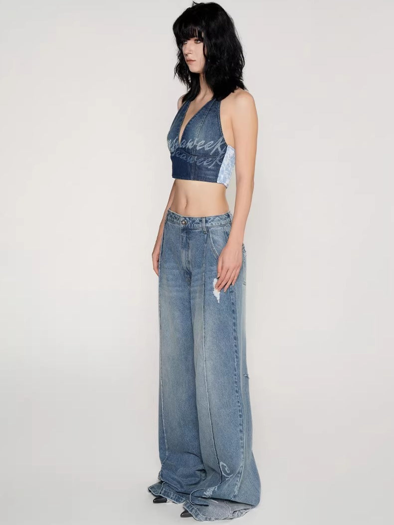 Laser Logo Seam Wide-Leg Denim Pants