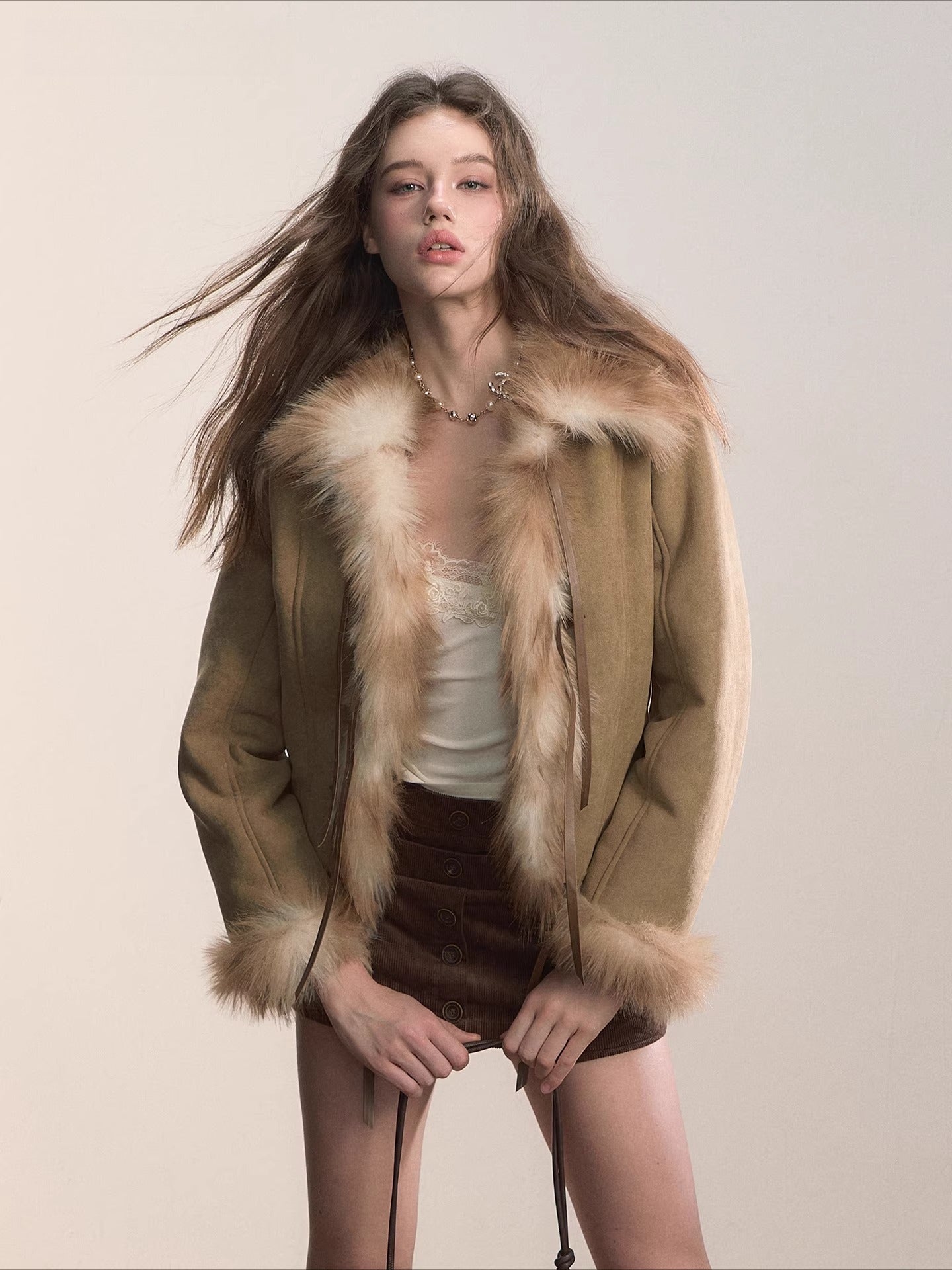 Faux Shearling Bow-Tie Collar Jacket
