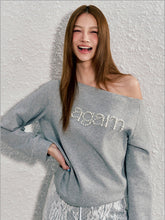 Red & Gray Pearl-studded Off-shoulder Sweatshirt - CHINASQUAD