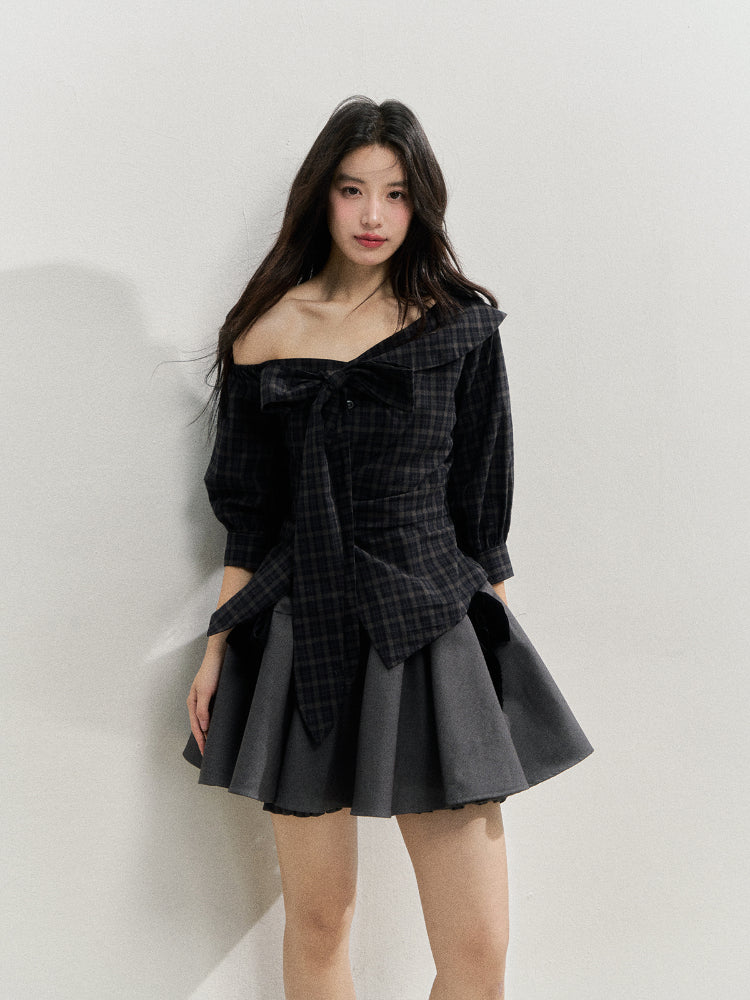 Checkered Bow One-Shoulder Asymmetric Waist-Cinching Shirt - CHINASQUAD