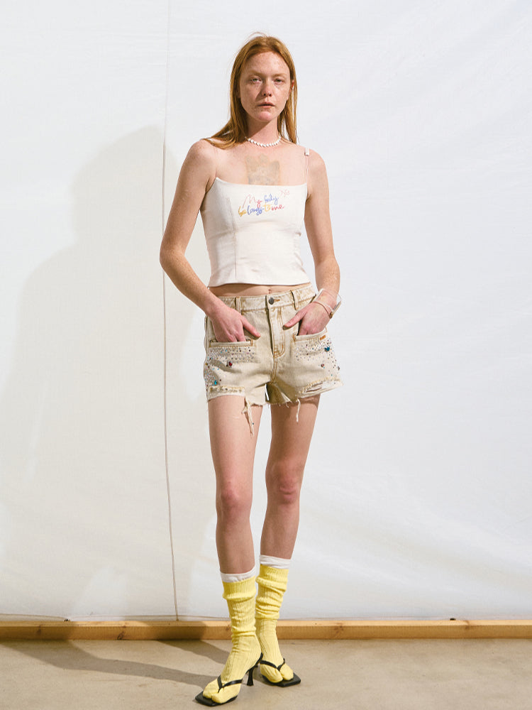 Embroidered Gradient Rhinestone Casual Shorts - CHINASQUAD