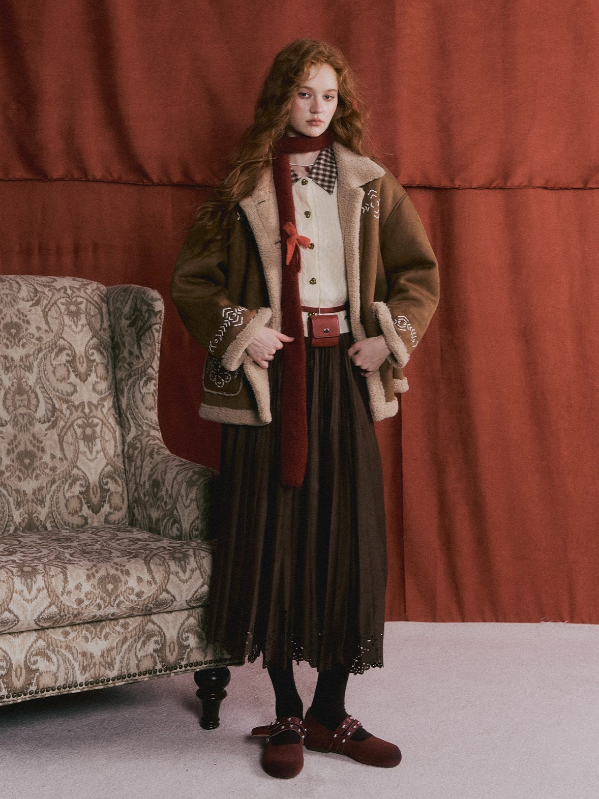 Heavy Embroidered Faux Shearling Suede Jacket