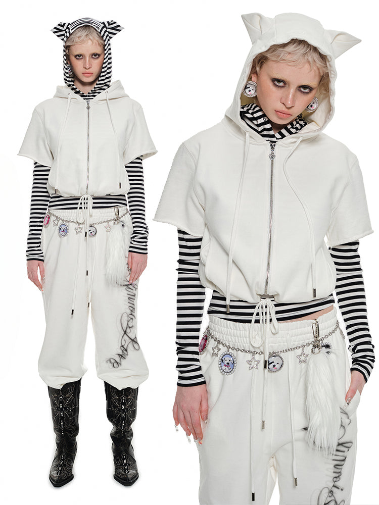 Black & White Cat-ear Short-sleeve Hoodie - CHINASQUAD