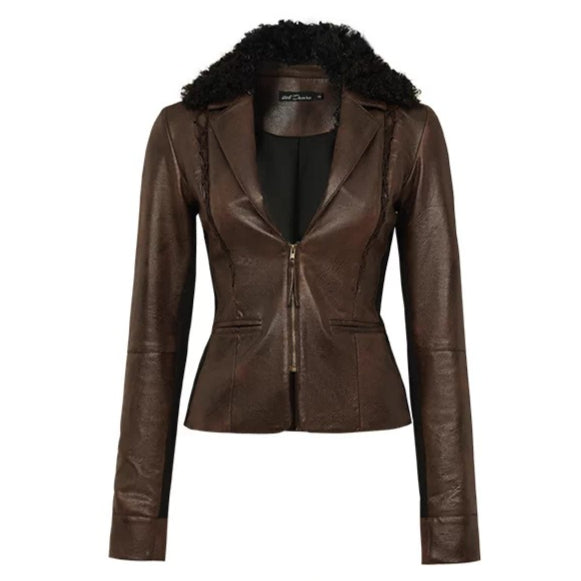 Fur-Collar Printed Leather Suit Set