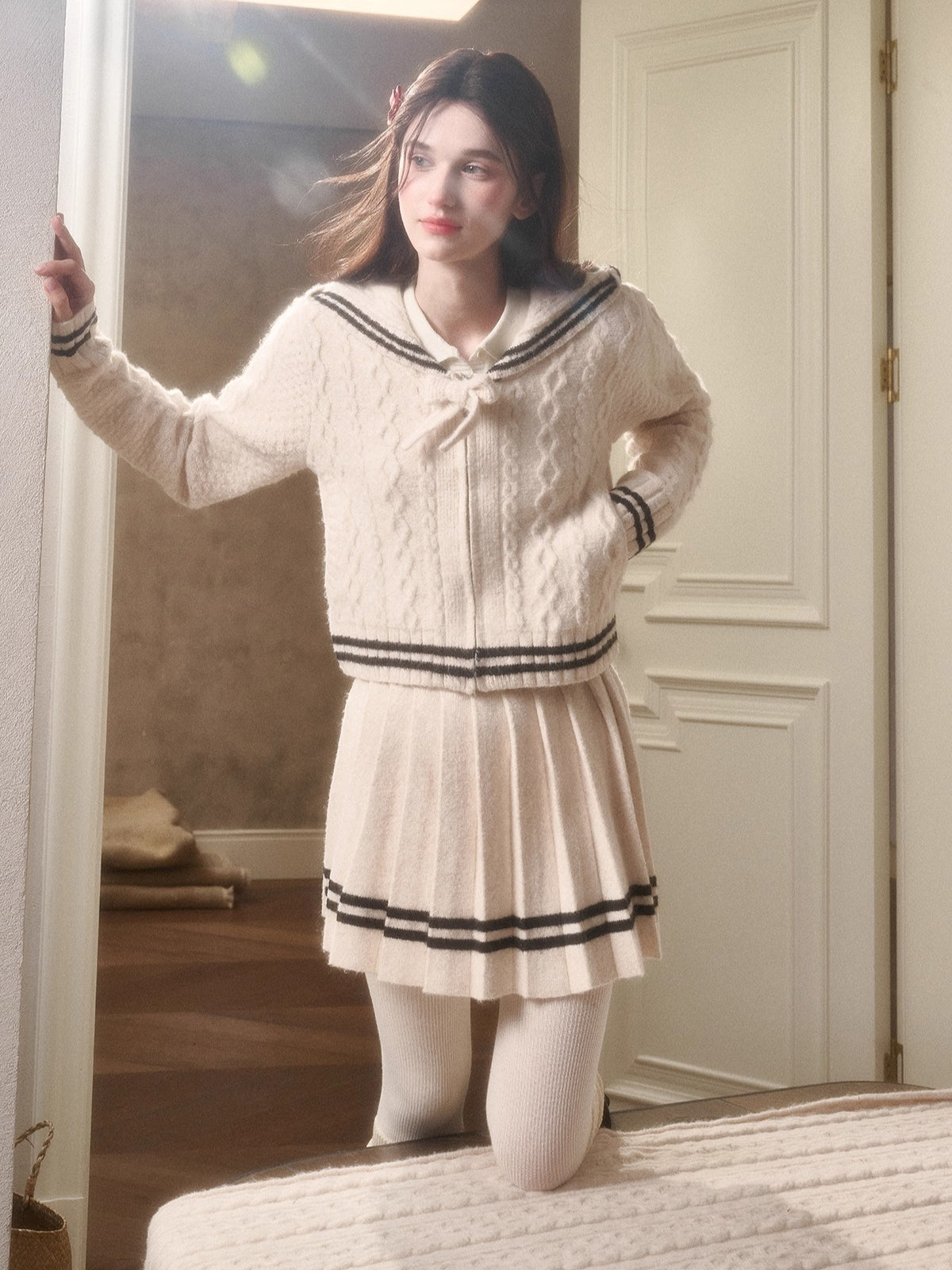 White Philosophy Wool Cloud Cable-Knit Cardigan & Pleated Skirt Set