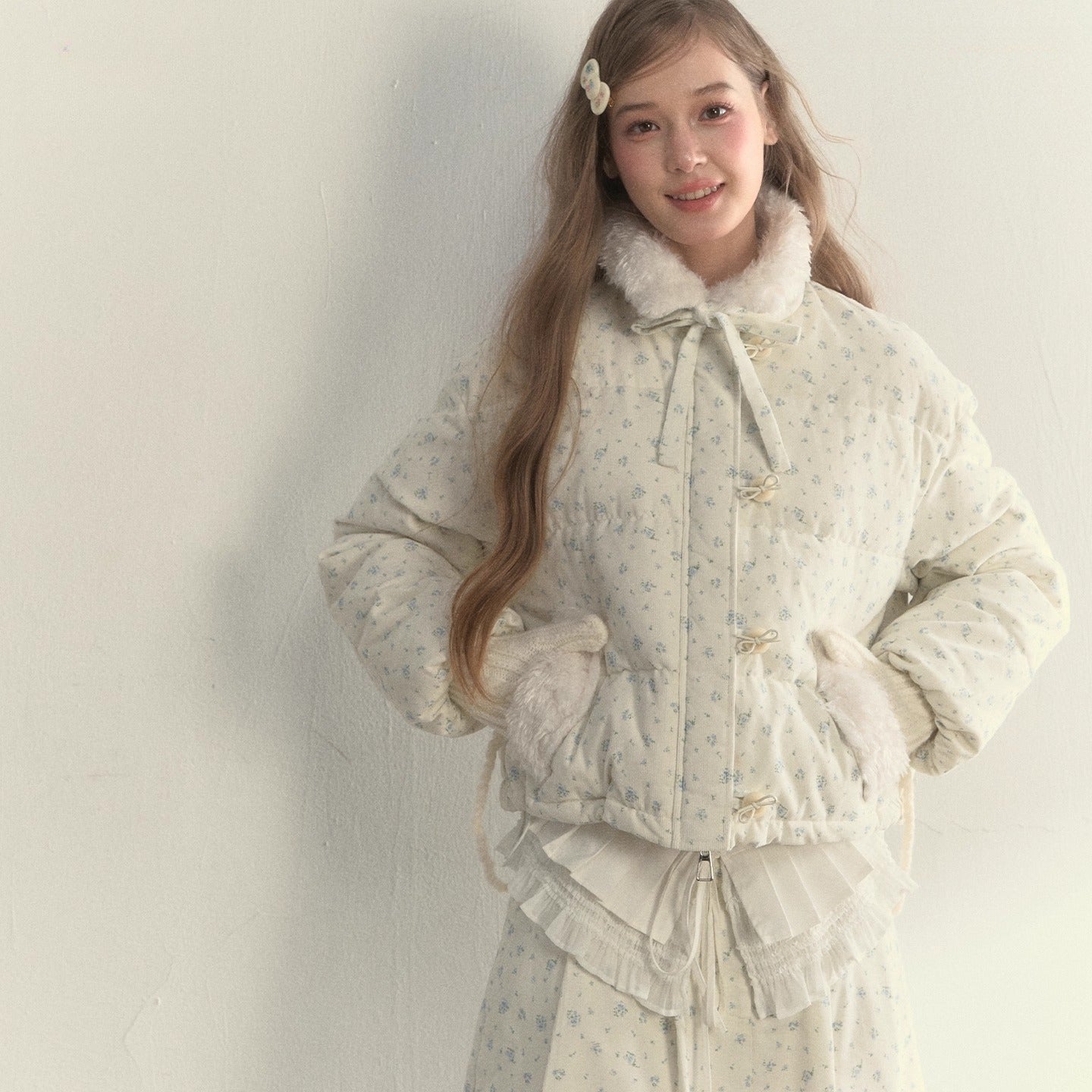 Floral Corduroy Puffer Jacket & Pleated Skirt Set