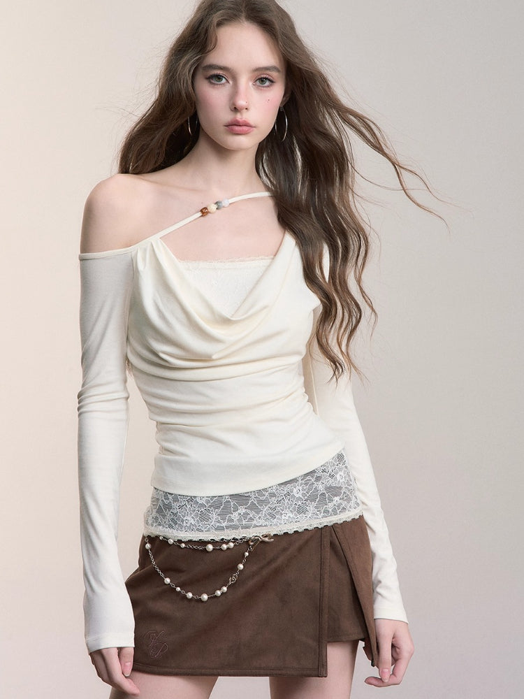 Fake Two-Piece Lace Off-Shoulder Beaded T-Shirt