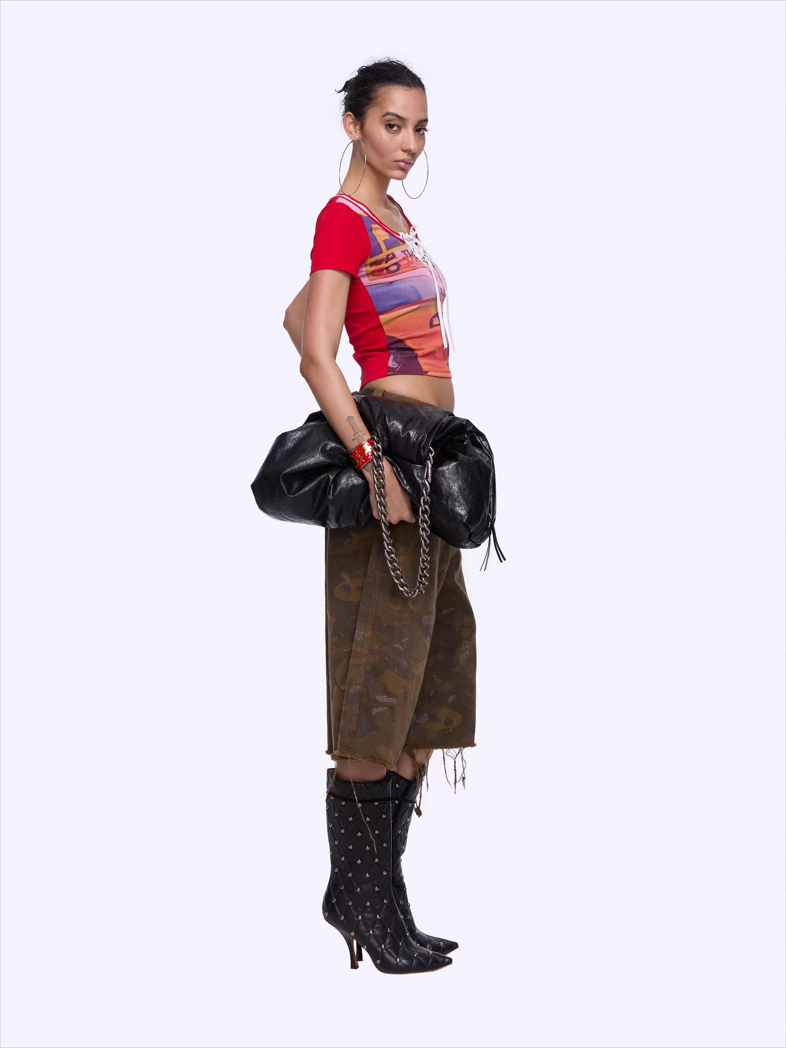 Retro Racing Print Layered-Look Patchwork T-Shirt