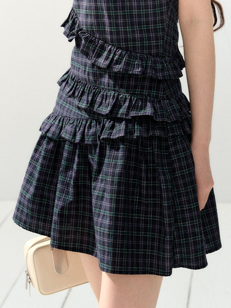 Waist-Cinching Sleeveless Plaid Dress - CHINASQUAD