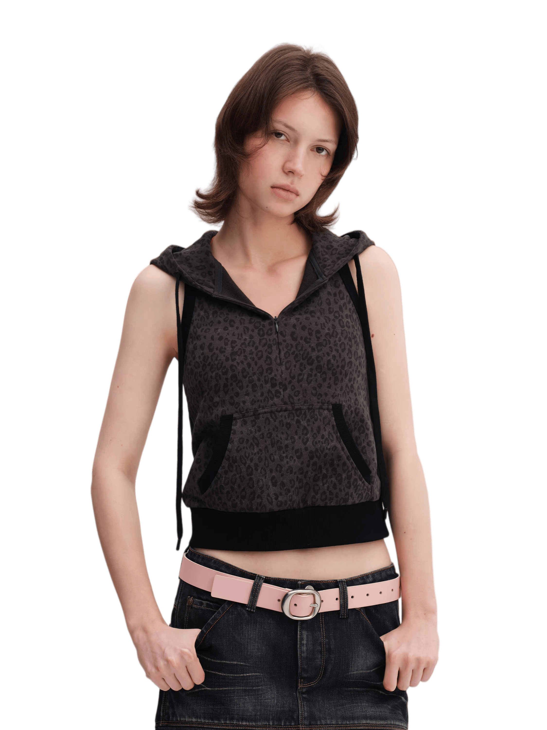 Cool-Tone Leopard Hooded Sleeveless Hoodie
