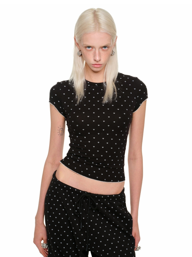 Polka Dot Cat Paw Round Neck T-shirt - CHINASQUAD