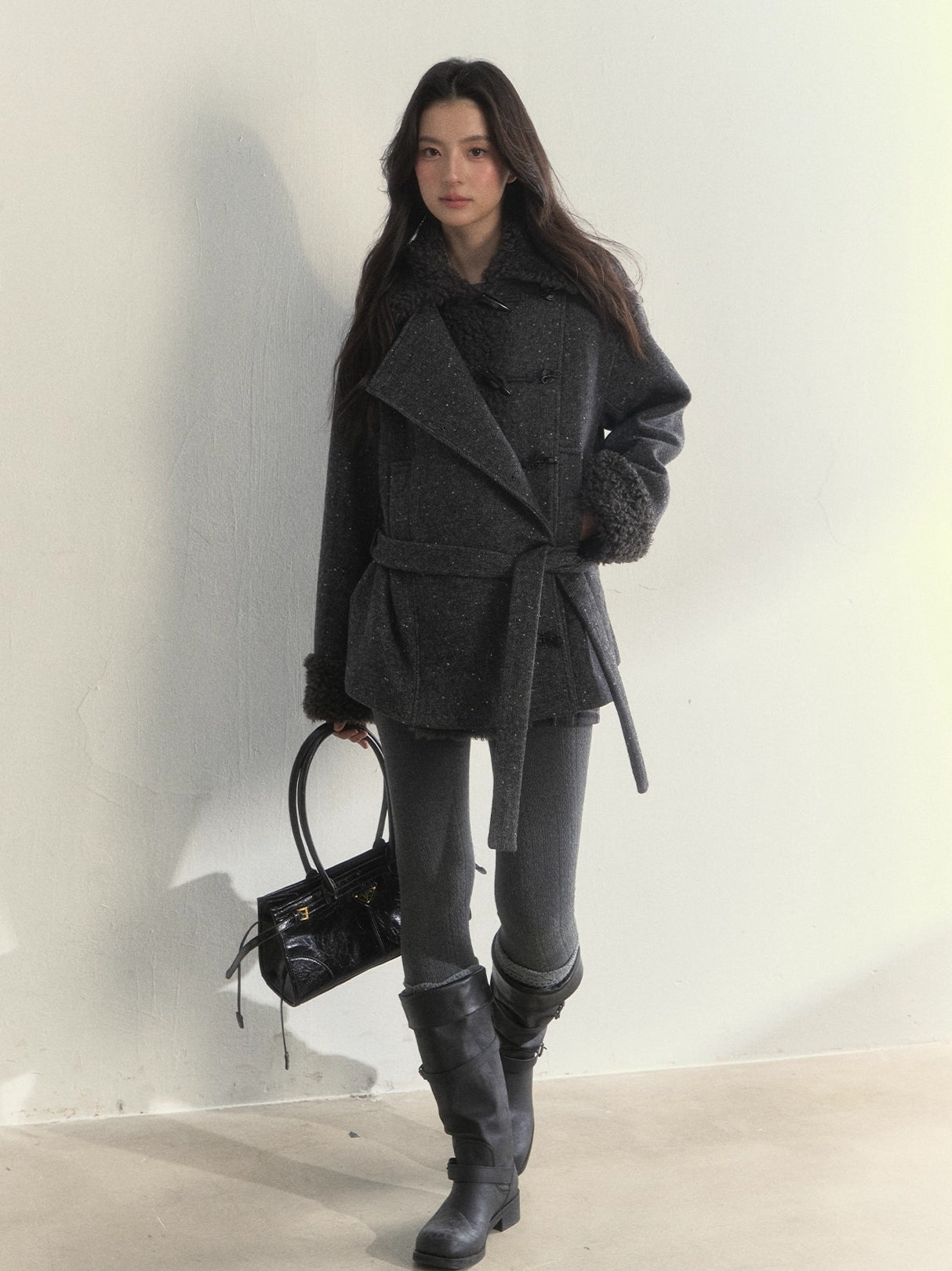 Deep Grey & Brown Wool Blend Fleece-Collar Coat