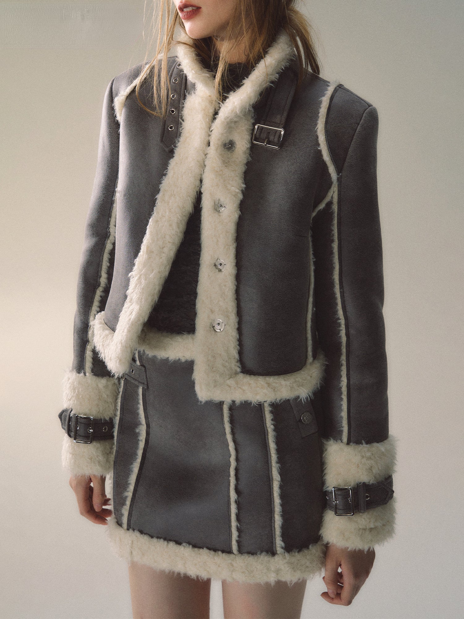 Grey Short Plush Shearling Jacket & Skirt Set - CHINASQUAD