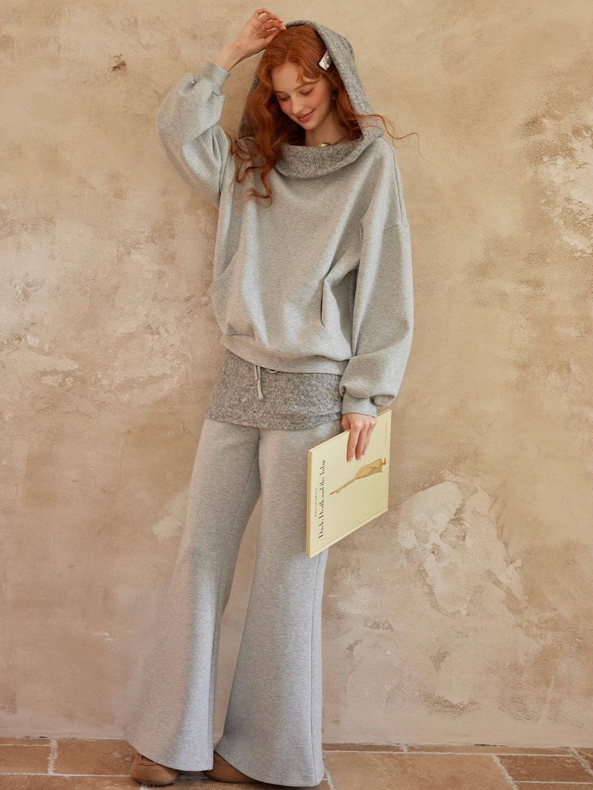 Grey Off-Shoulder Sweatshirt & Flared Pants Two-Piece Set