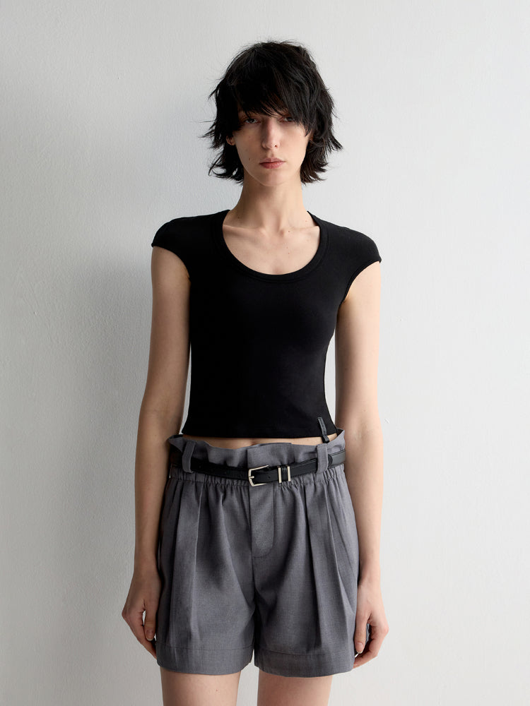 Deep U-Neck Ruffled Short Sleeve T-shirt