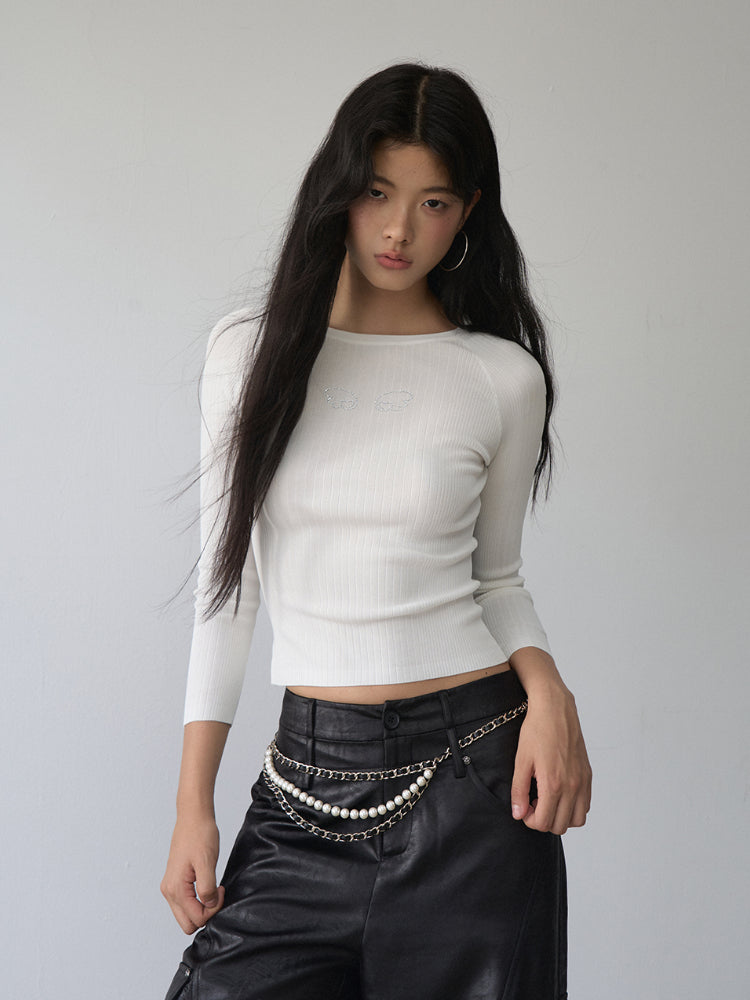 Rhinestone Heart Wings Slim Long-sleeved T-shirt - CHINASQUAD