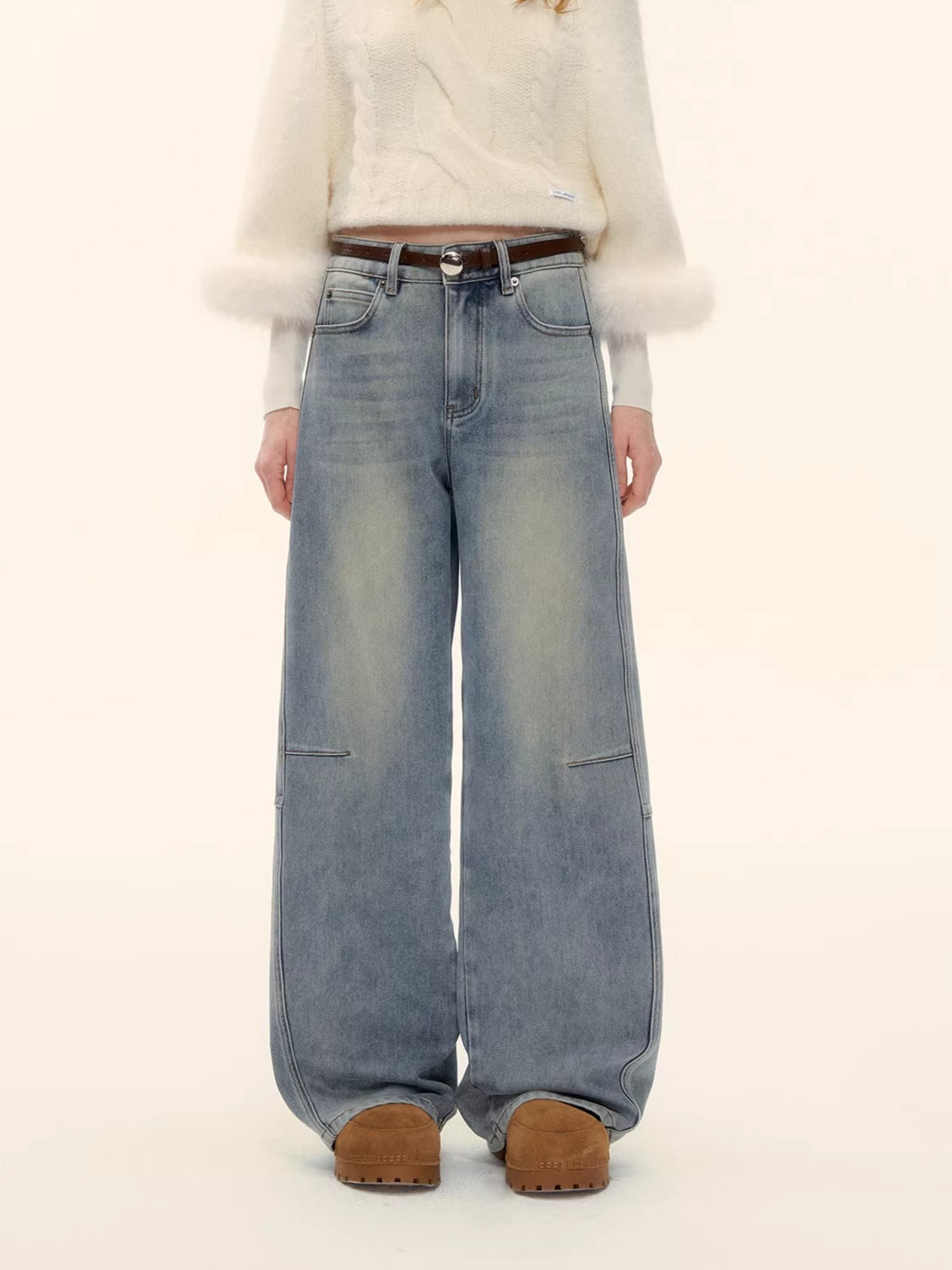 Vintage Washed Curved-Leg Denim Pants